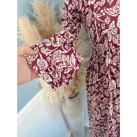 Zara Paisley Midi Dress Girls 13/14 Burgundy Long Sleeve Pleated - Picture 4 of 7
